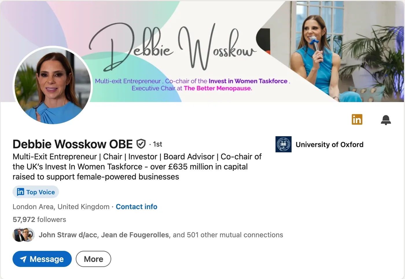 Debbie Wosskow’s supplied LinkedIn profile screenshot with LinkedIn Top Voice badge
